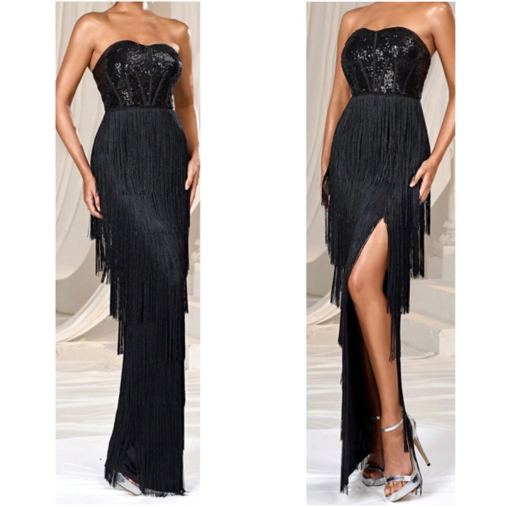 Luxe Strapless Sequin Fringe Party Evening Wedding Dress